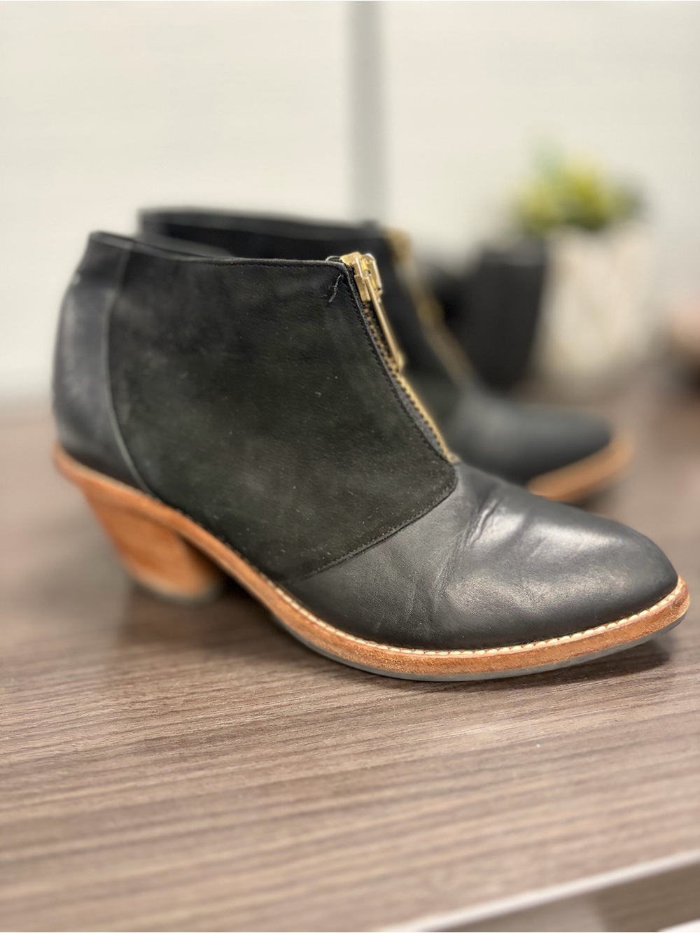 Poppy Barley Black Leather and Suede Ankle Booties with Gold Zip